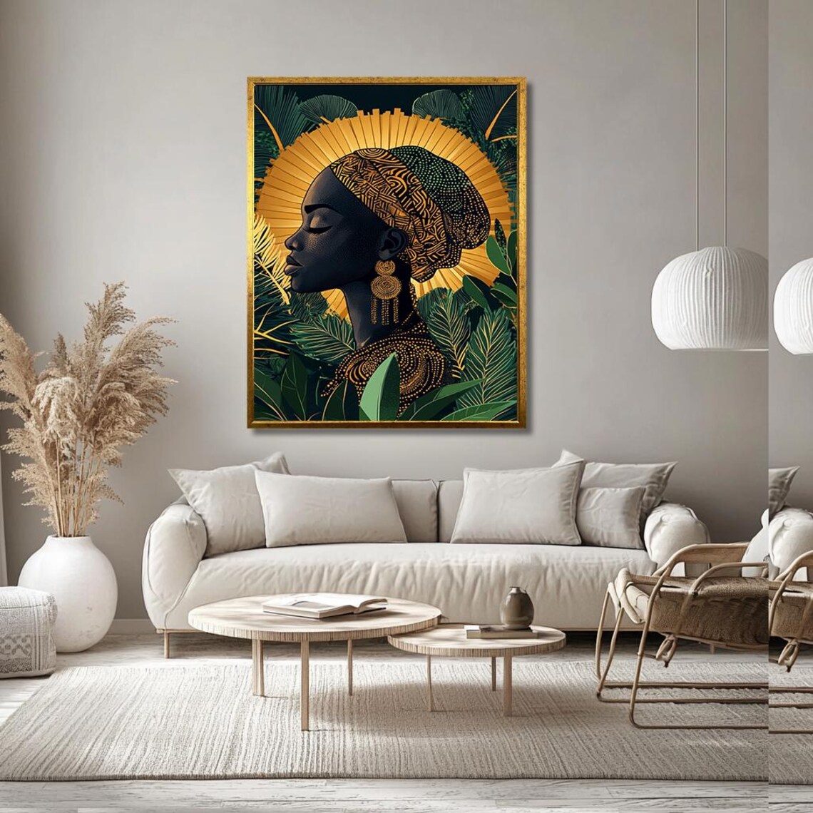 Golden African Woman Profile With Radiant Sunburst Headdress Poster - Image 3