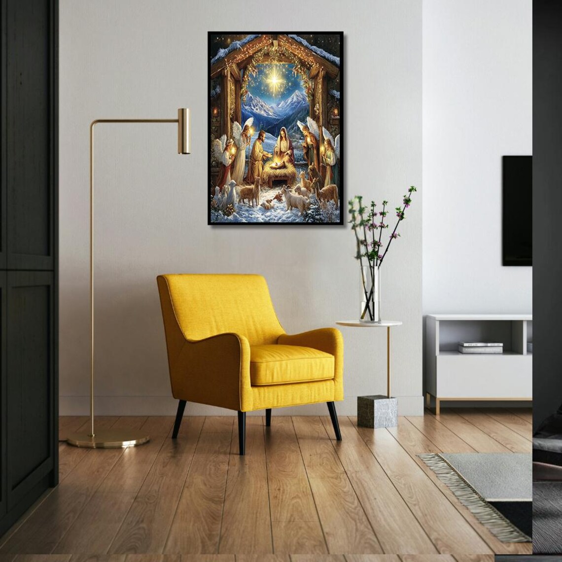 Snowy Nativity Scene With Angels And Animals Christmas Poster - Image 3