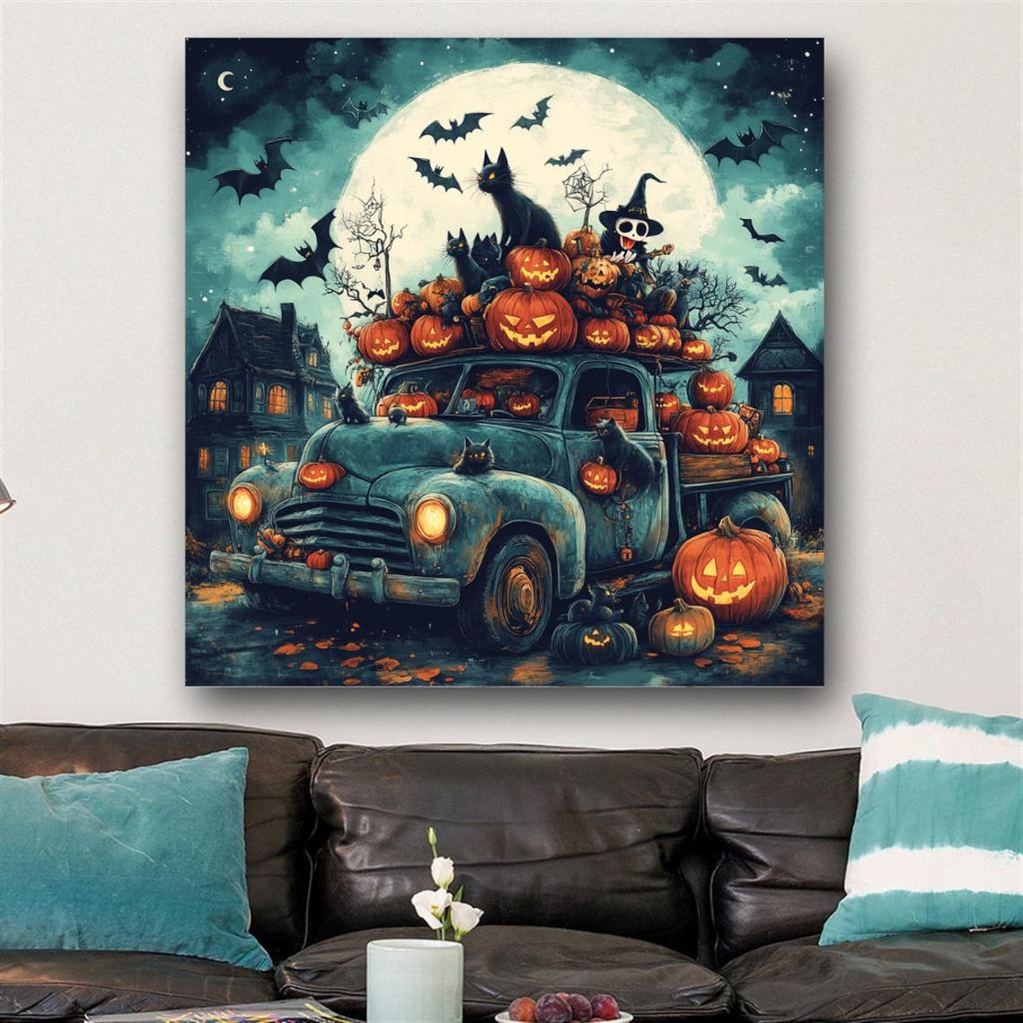 Vintage Truck Overflowing With Pumpkins Under a Full Moon Poster - Image 3