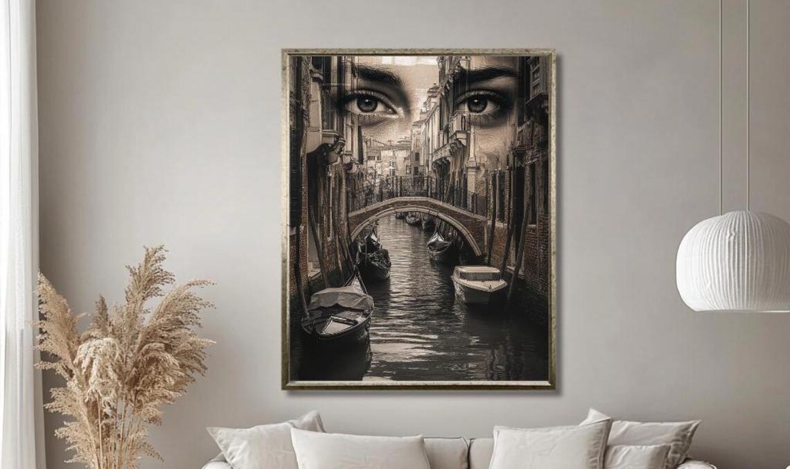 Surreal Venice Canal With Stone Bridge And Giant Eyes In Sky Poster