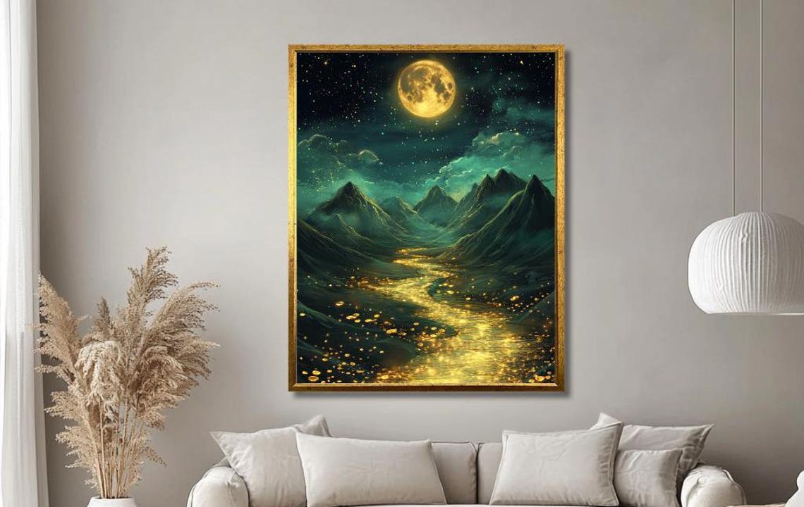 Golden River Under Moonlit Sky Wall Art Enchanted Mountain Valley With Glittering Waterway Mystical Night Landscape For Living