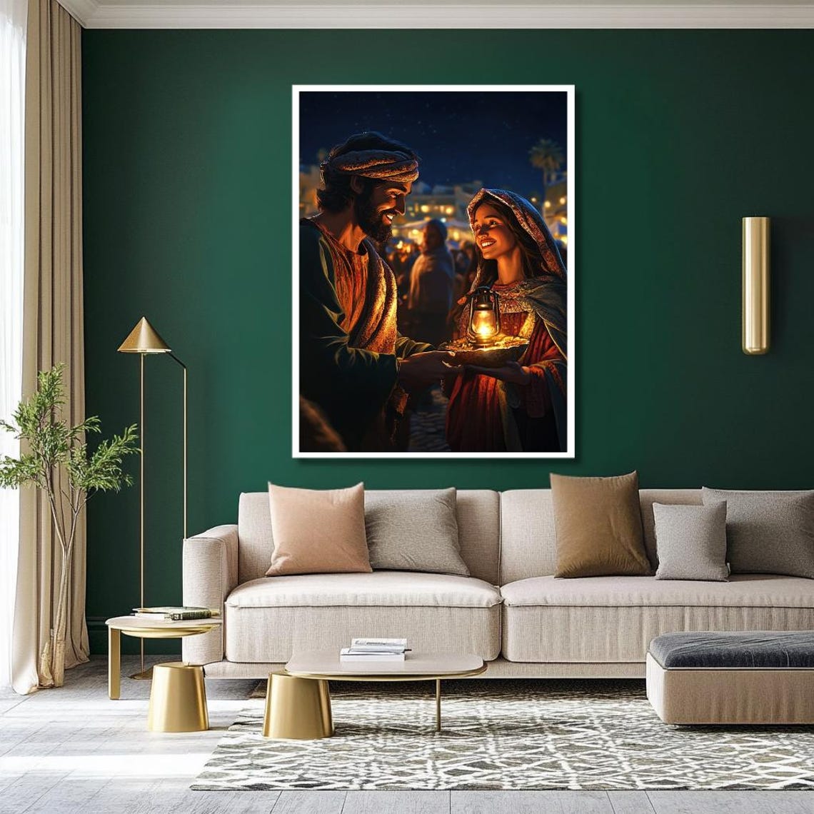 Biblical Couple Sharing a Lantern at Night Market Religious Poster - Image 2