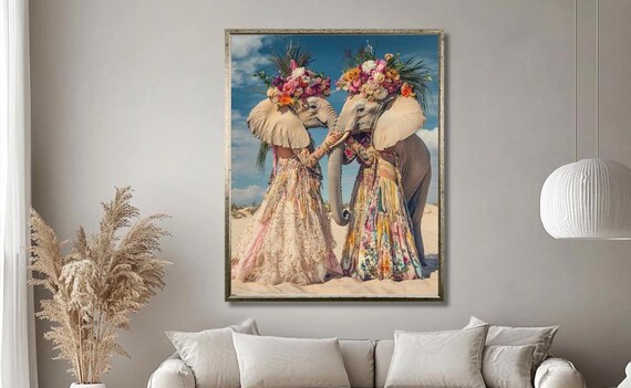 Two Whimsical Elephants In Floral Dresses With Flower Headdresses Poster