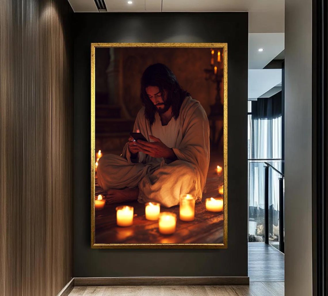 Jesus Christ Praying Among Glowing Candles Night Religious Print