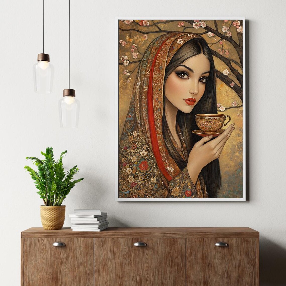 Persian Woman Holding Ornate Teacup Blossom Beauty Portrait Poster - Image 3