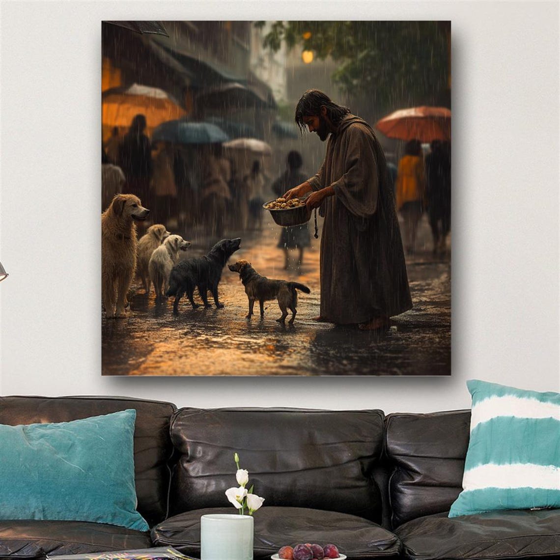 Jesus Feeding Stray Dogs in the Rain Kindness Religious Poster - Image 3