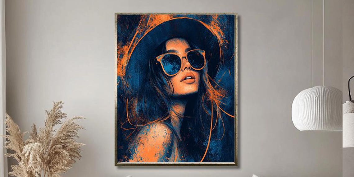 Bold Urban Portrait Print Stylish Woman In Sunglasses And Hat Vibrant Orange And Blue Street Art Style Wall Decor For Modern