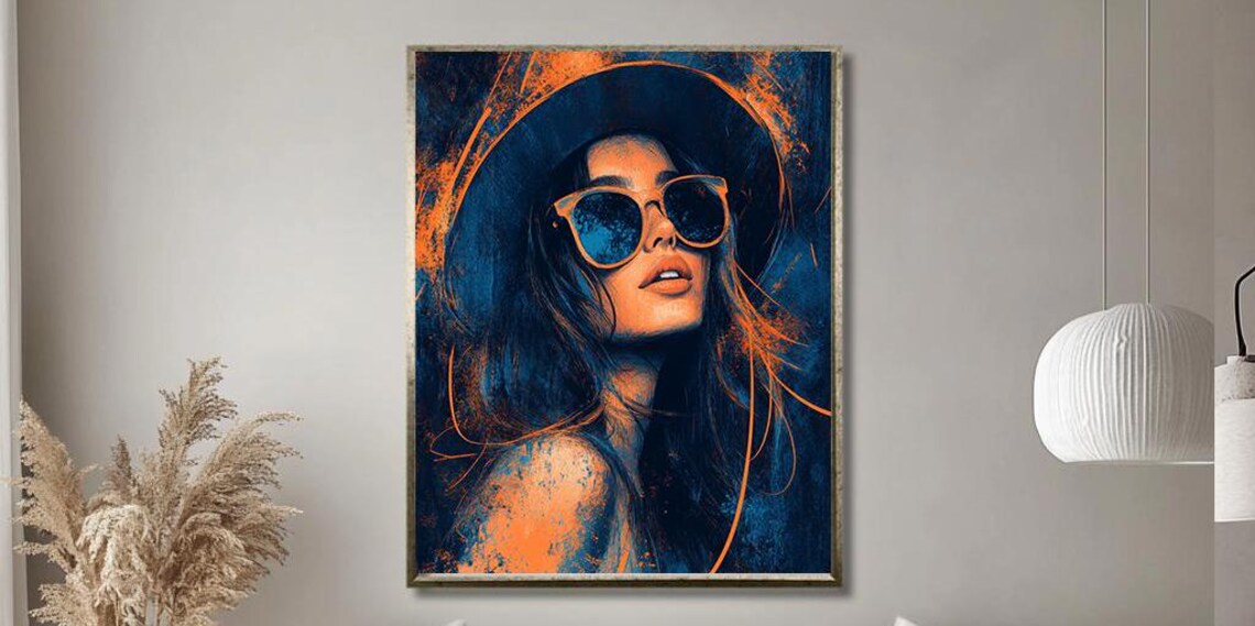 Modern Woman with Hat and Sunglasses in Teal and Orange Poster