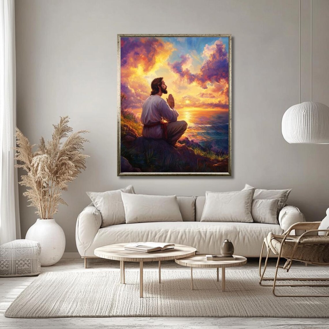 Jesus at Prayer Poster: Kneeling Before a Blazing Sunset Over the Ocean - Image 3