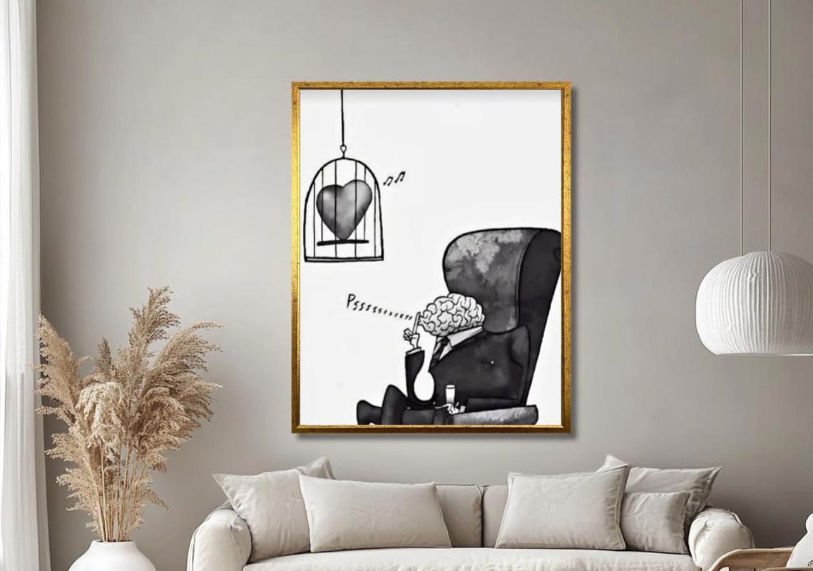 Monochrome Heart In Cage Surreal Black White Abstract Poster