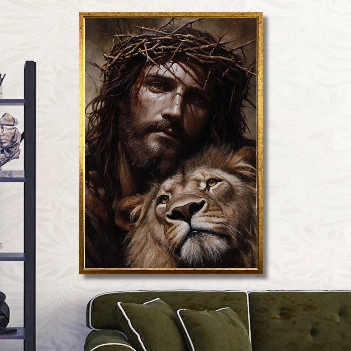 Crowned Jesus with Lion Dramatic Portrait Christian Faith Art Poster