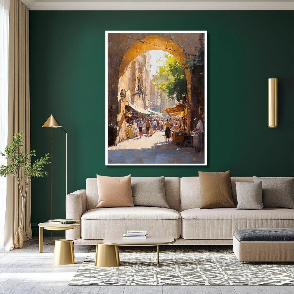 Sunlit Mediterranean Archway And Bustling Market Street Poster - Image 2