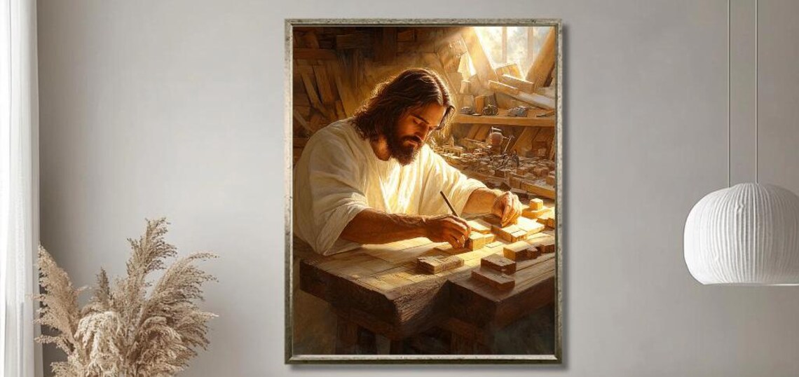 Jesus Working Wood In The Carpenter Workshop Christian Faith Art Poster