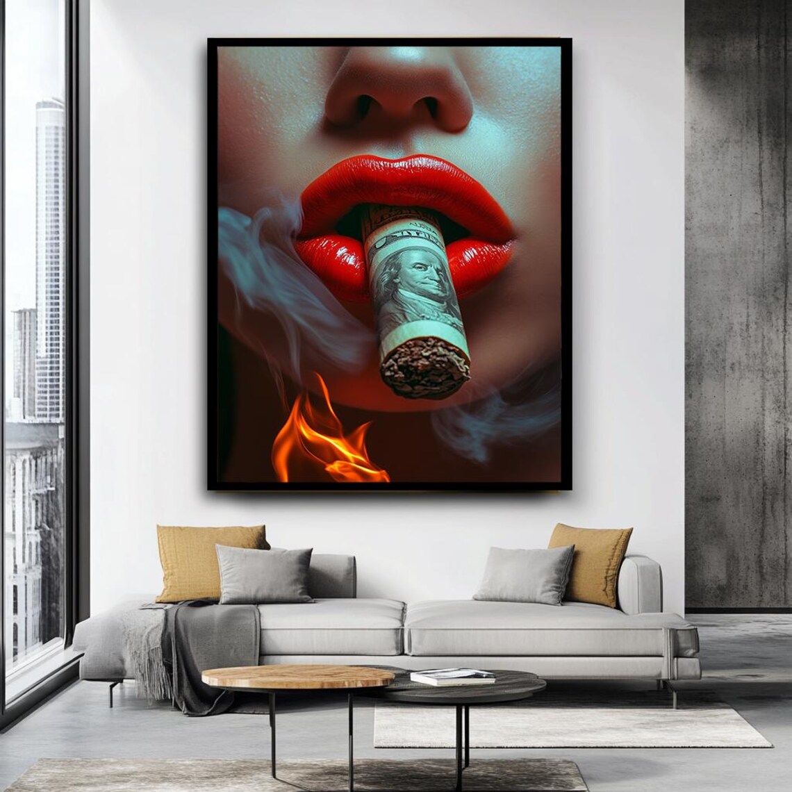 Luxury Wall Art Red Lips With Burning Dollar Bold Modern Decor - Image 3