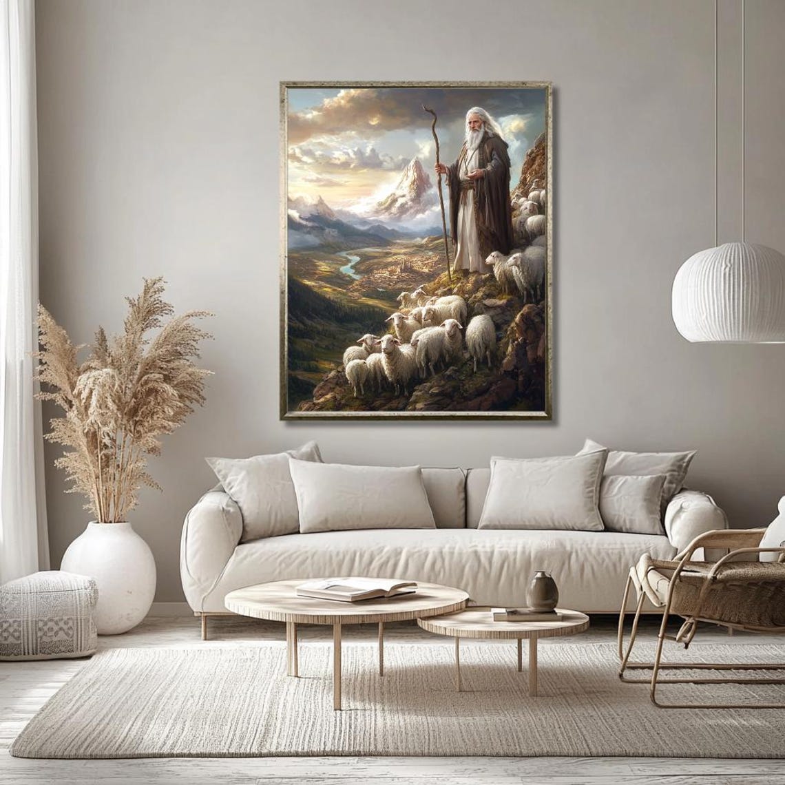 Elder Shepherd With Staff Leading His Flock on a Mountain Poster - Image 3