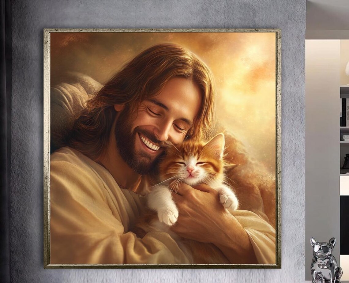 Jesus Smiling Holding an Orange Kitten Golden Light Art Poster