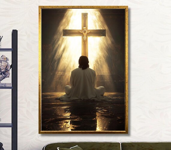 Praying Figure Before A Glowing Crucifix In Divine Light Poster
