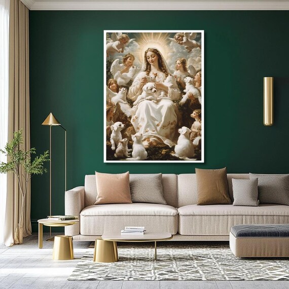 Virgin Mary With Angels and White Lambs Heavenly Glow Poster
