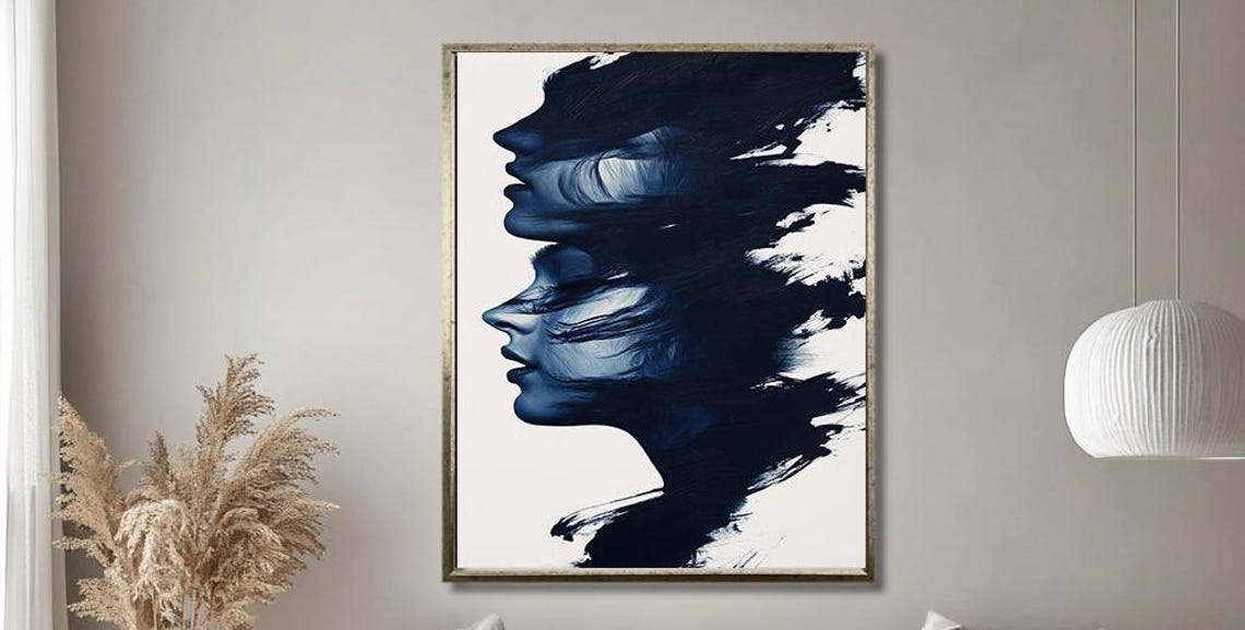 Abstract Double Silhouette Art Navy Blue Brushstroke Female Profile Modern Minimalist Wall Decor For Contemporary Interiors