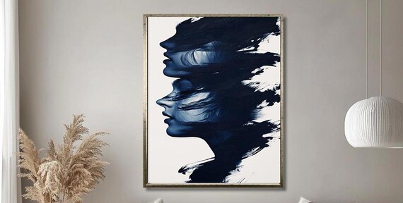 Abstract Double Silhouette Art Navy Blue Brushstroke Female Profile Modern Minimalist Wall Decor For Contemporary Interiors