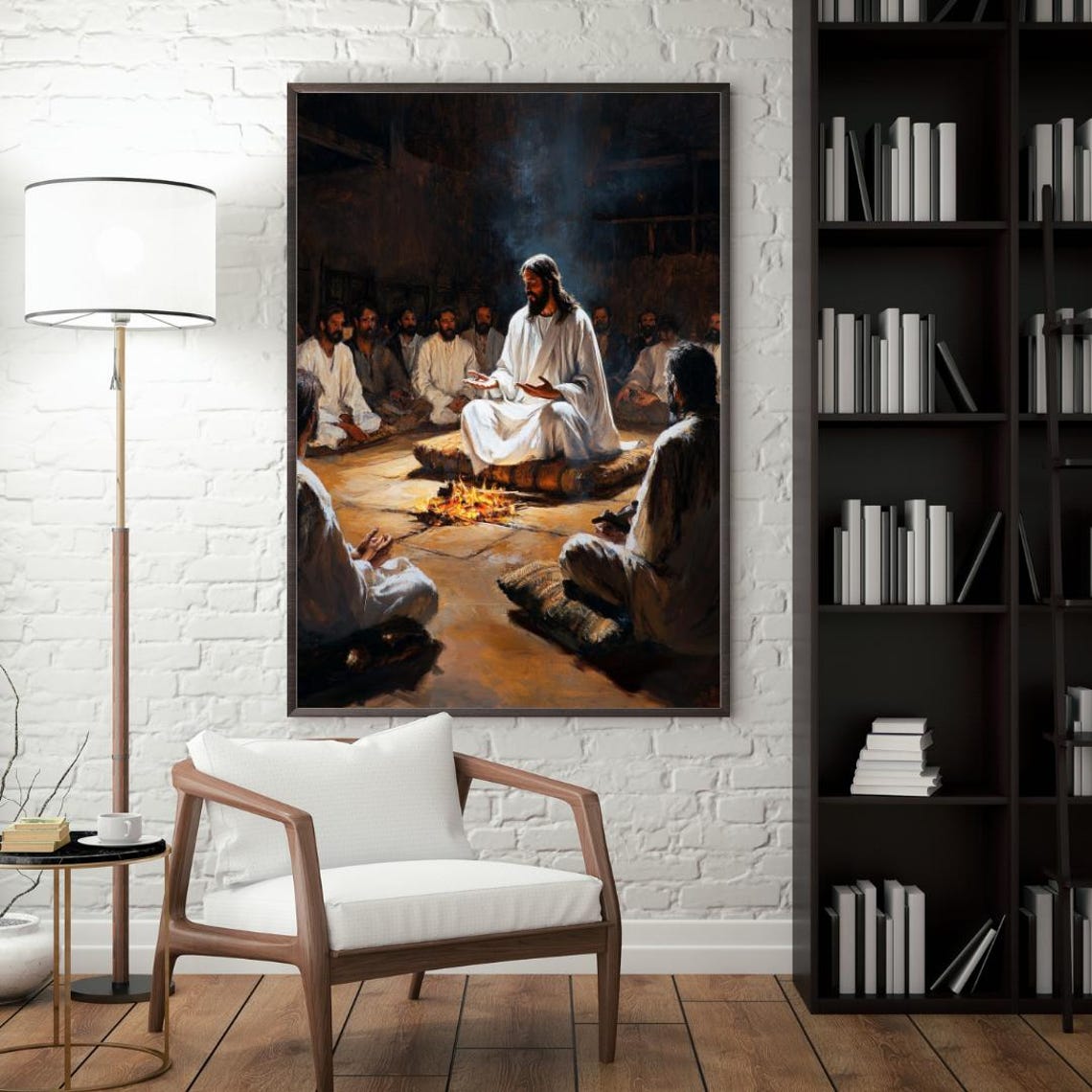 Jesus Teaching Disciples Around Firelight Biblical Scene Art Poster - Image 2