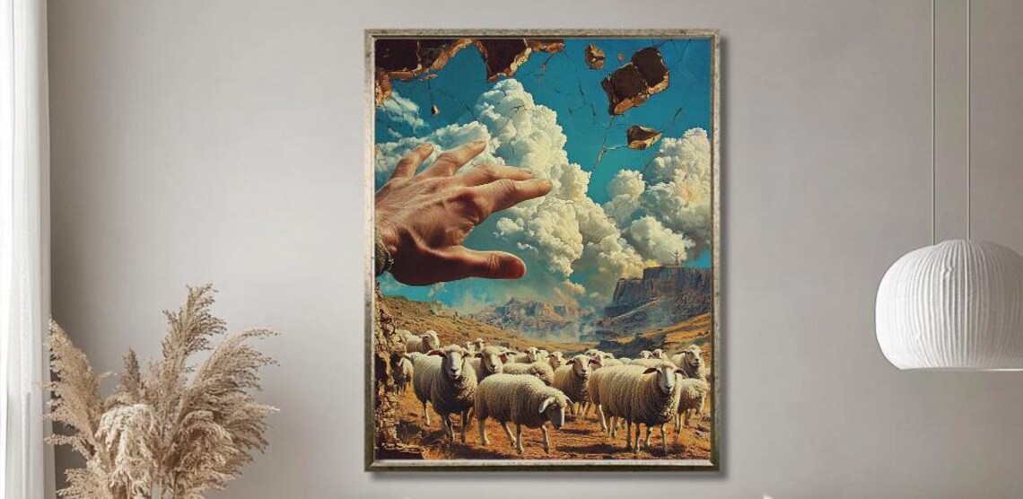 Surreal Sheep Herd Under a Giant Hand in a Cracked Desert Sky Poster