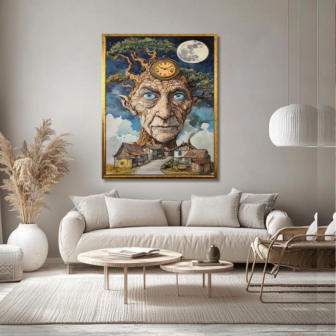 Whimsical Bark Face Tree Spirit With Clock And Village Poster - Image 3