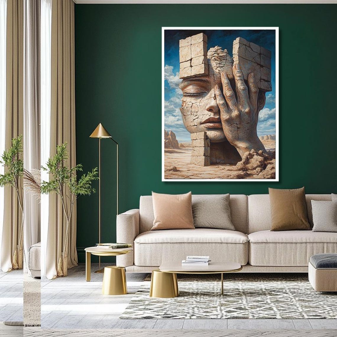 Crumbling Ancient Stone Face in Desert Surreal Sculpture Art Print - Image 2