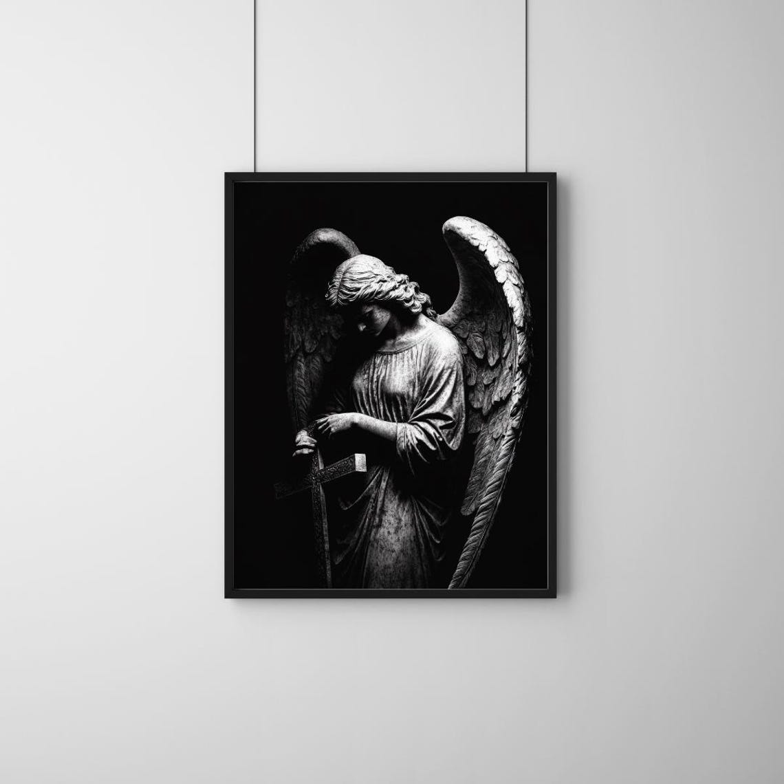 Guardian Angel Statue Black and White Dramatic Sculpture Art Poster - Image 3