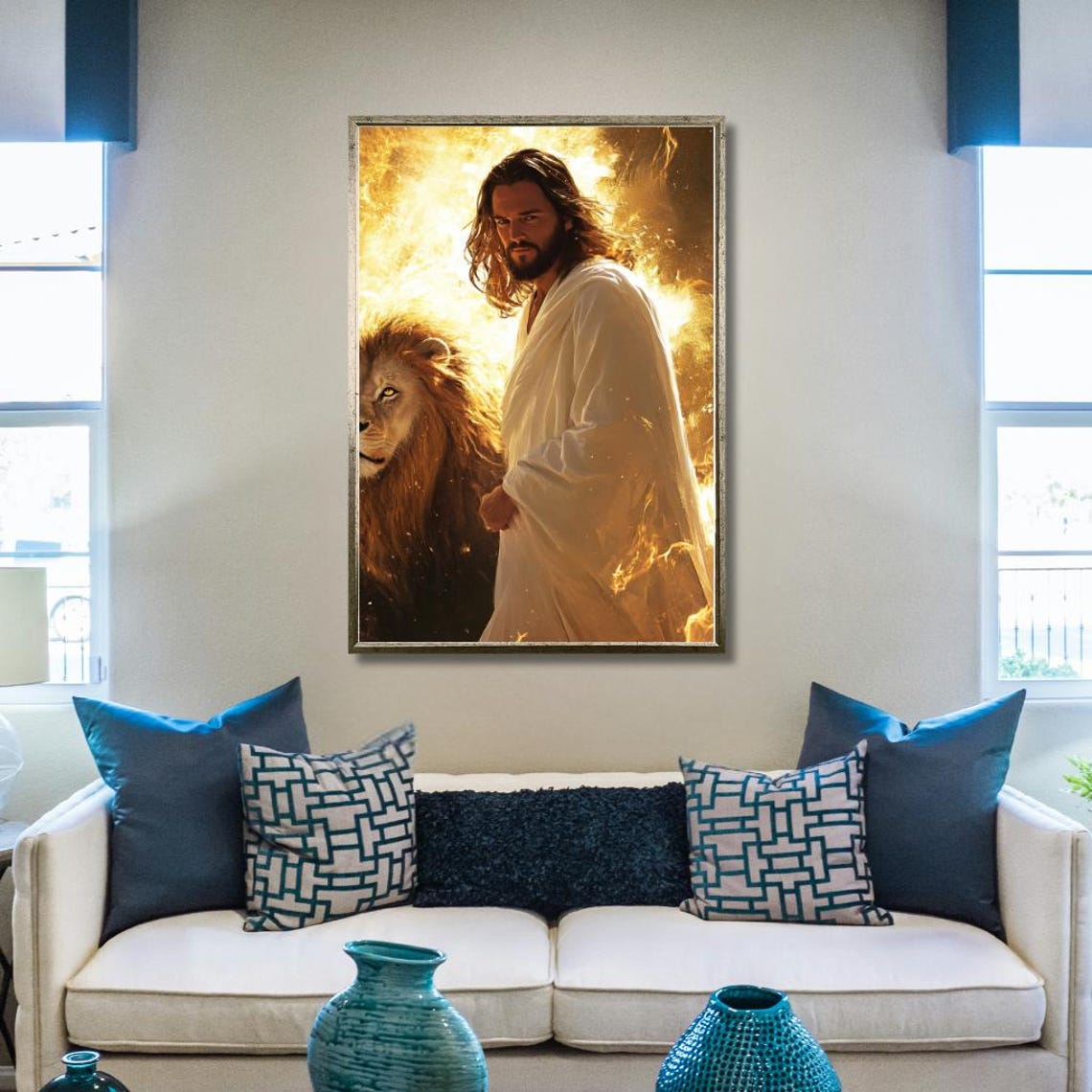 Jesus Standing Beside A Majestic Lion In Golden Flames Poster - Image 2