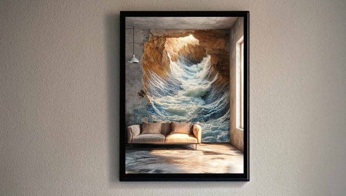 Giant Ocean Wave Crashing Into An Elegant Living Room Poster - Image 2