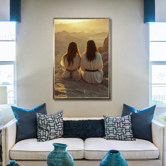 Sunset Sisters Wall Art Golden Hour Mountain Print Peaceful Friendship Bohemian Wall Decor