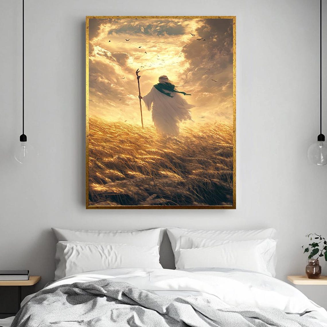 Prophet Walking In Golden Field Wall Art Spiritual Journey Print Mystical Sunset Painting Inspirational Home Wall Decor - Image 2