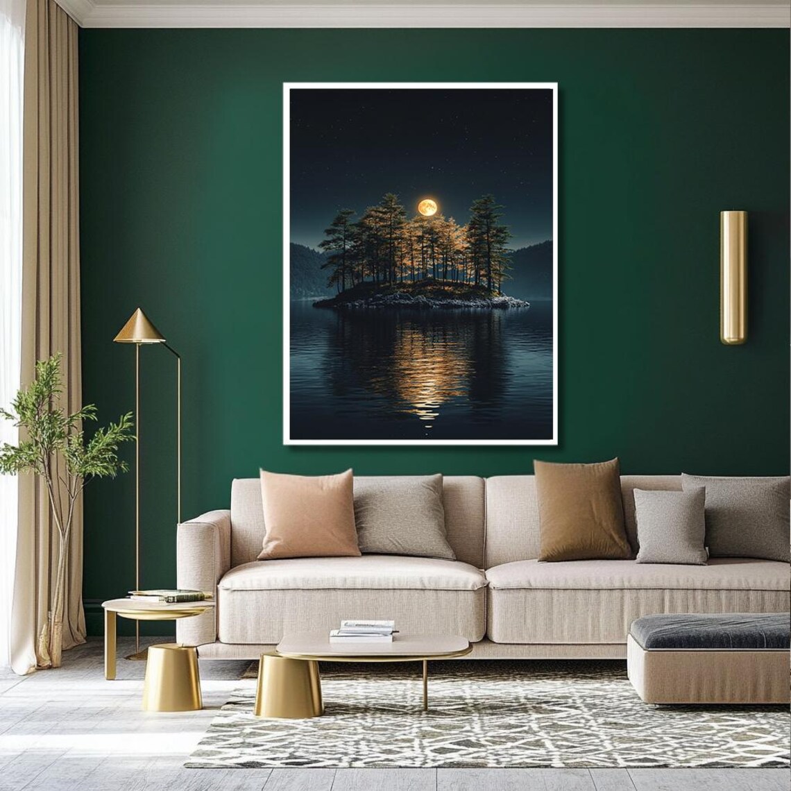 Moonlit Pine Island On Calm Lake Under Starry Night Sky Poster - Image 2