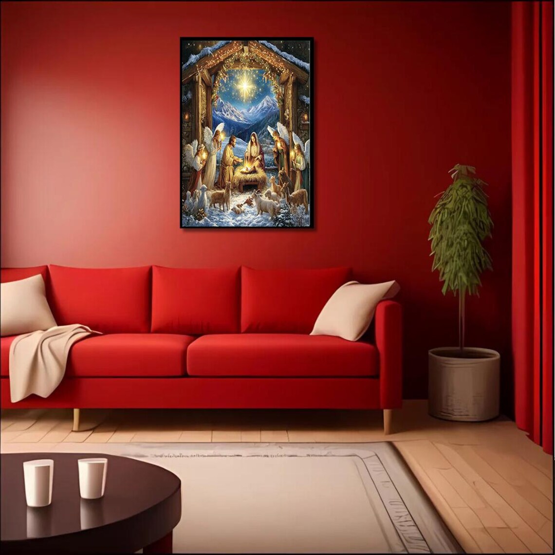 Snowy Nativity Scene With Angels And Animals Christmas Poster - Image 2