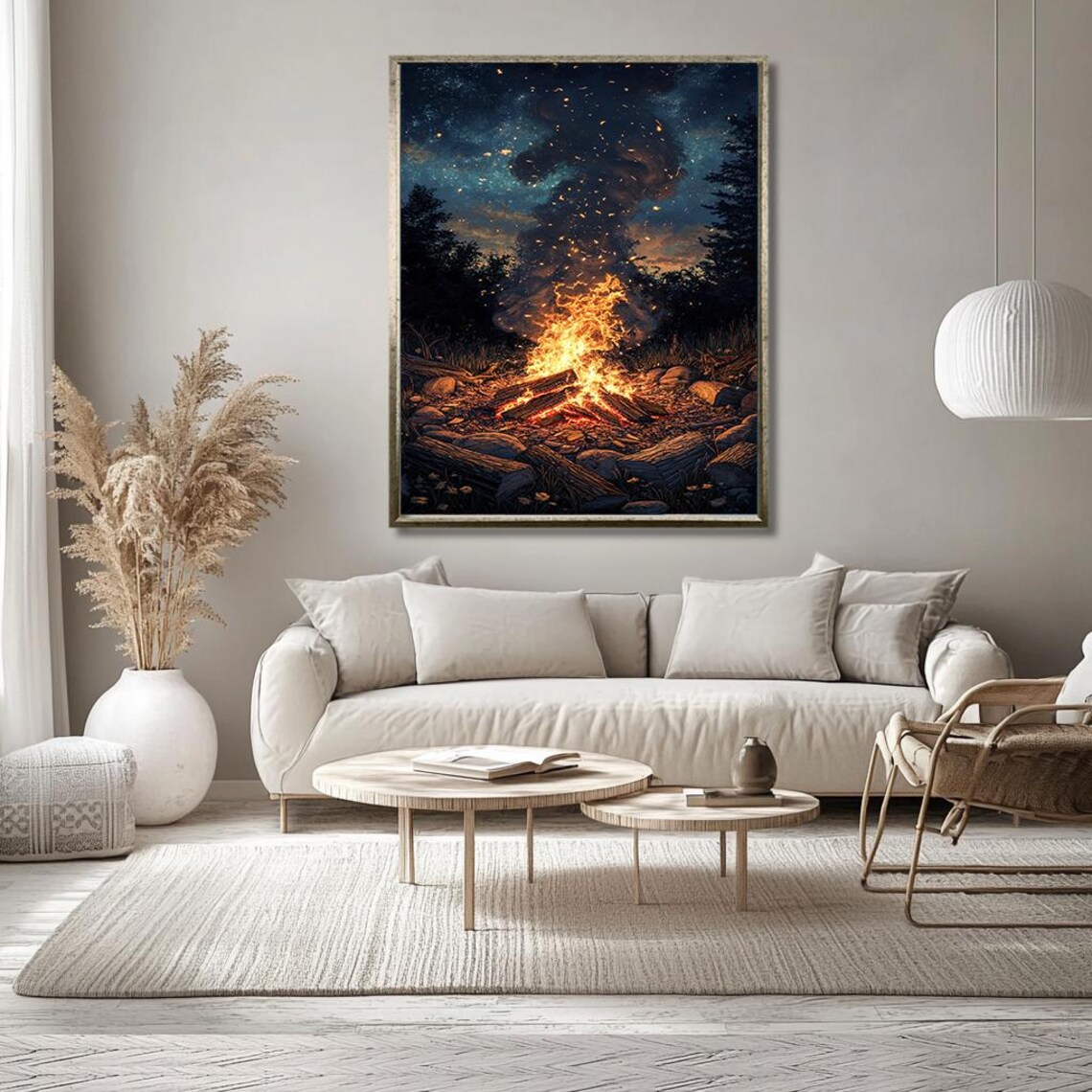 Glowing Campfire Under Starry Night Sky Forest Scene Art Poster - Image 3