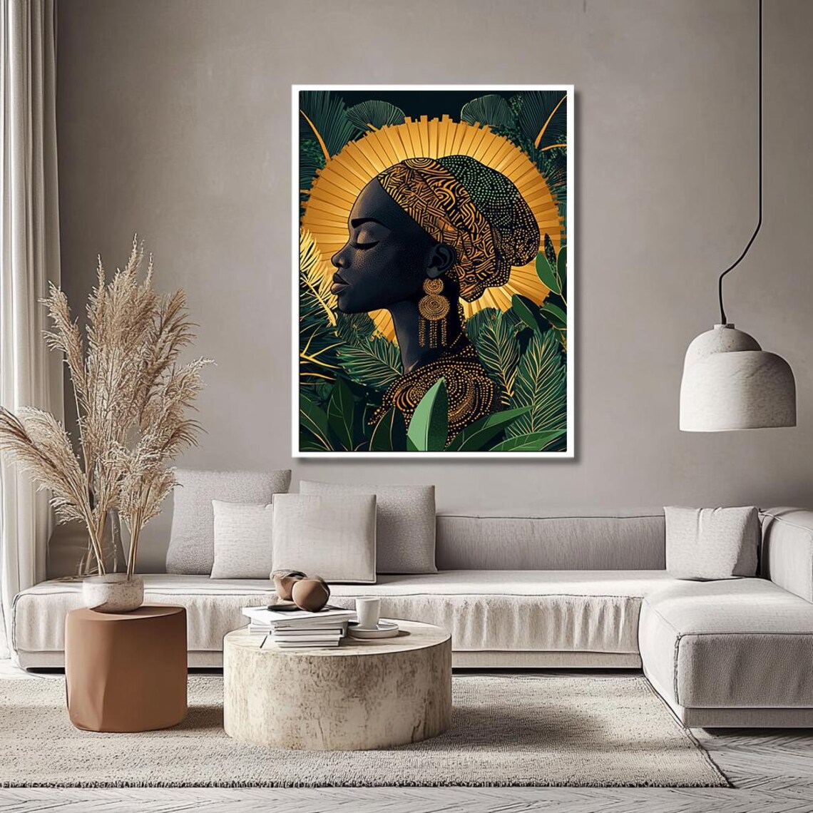 Golden African Woman Wall Art Modern Tribal Portrait Painting Unique Wall Decor For Living Room - Image 2