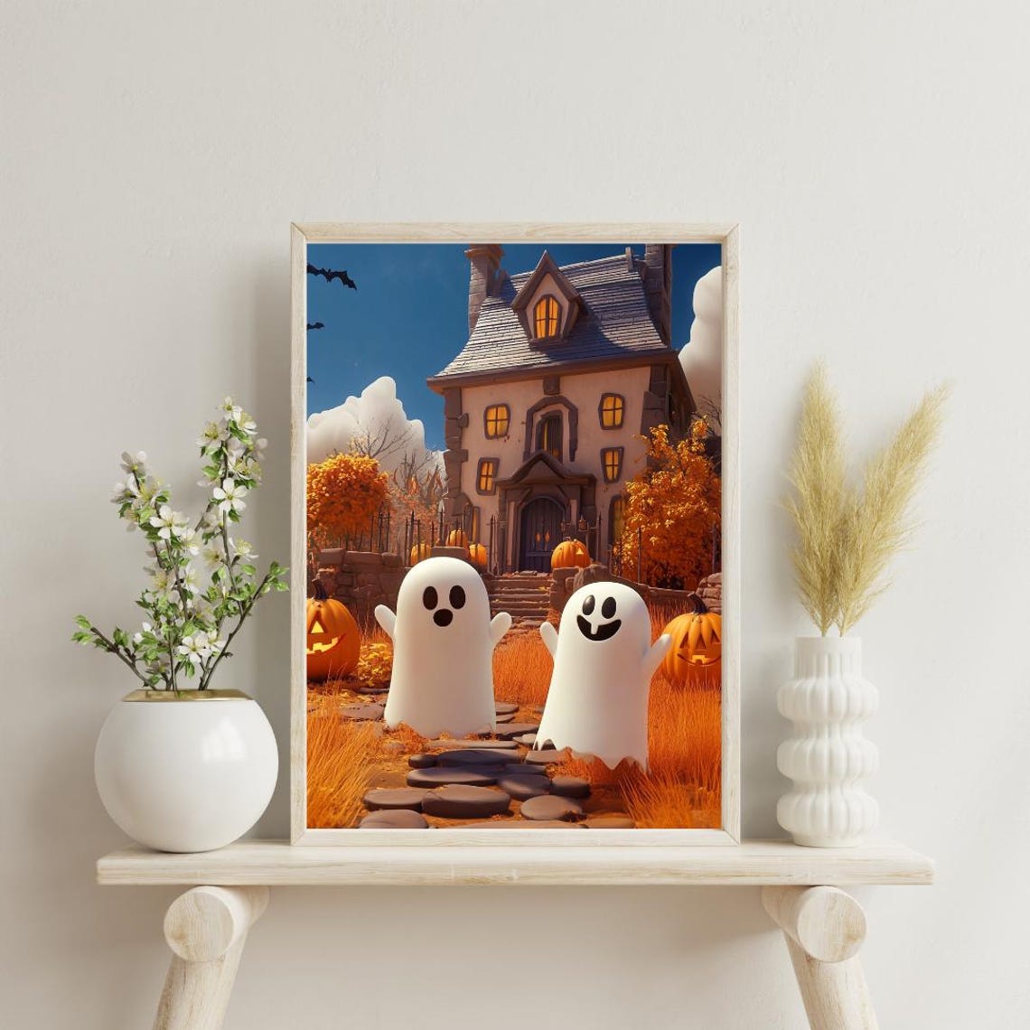 Cute Happy Ghosts at Haunted House Pumpkin Patch Autumn Poster - Image 3