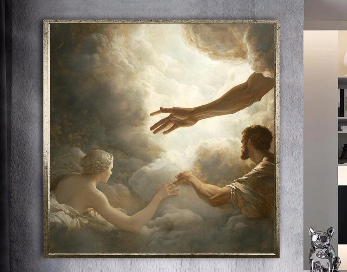 Divine Hand Reaching Through Clouds Classical Religious Oil Art Poster