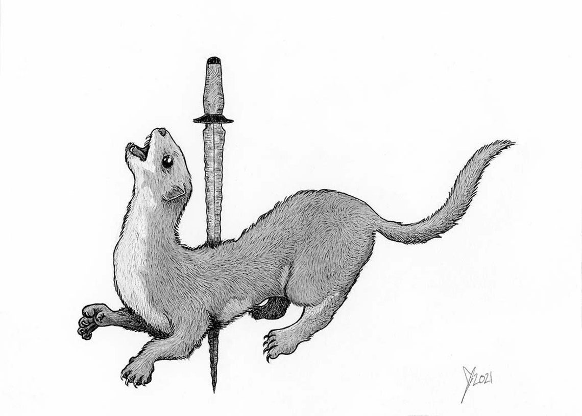 Gothic Weasel Pierced by Dagger Dark Ink Illustration Poster - Image 2