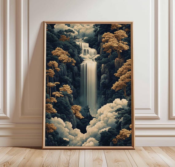Waterfall Mountain Poster Serene Landscape Art Asianinspired Nature Decor Tranquil Artwork Cloud Tree Print