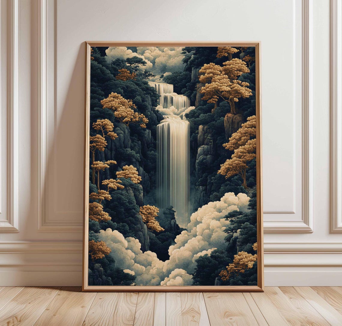 Waterfall Mountain Poster Serene Landscape Art Asianinspired Nature Decor Tranquil Artwork Cloud Tree Print