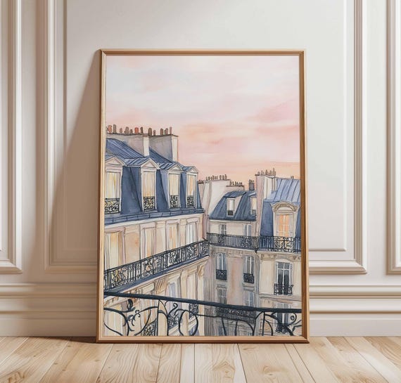 Paris Rooftop Sunset Poster Romantic French Balcony Wall Art Haussmann Architecture Print Parisian View Decor Cityscape Illustration