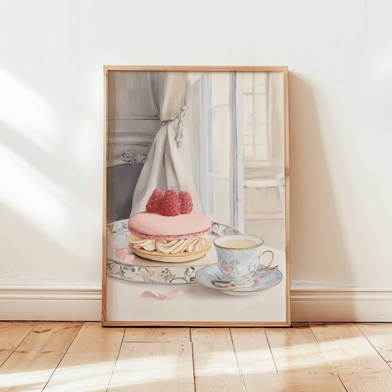 Pink Macaron and Tea Cup by Window French Patisserie Art Print