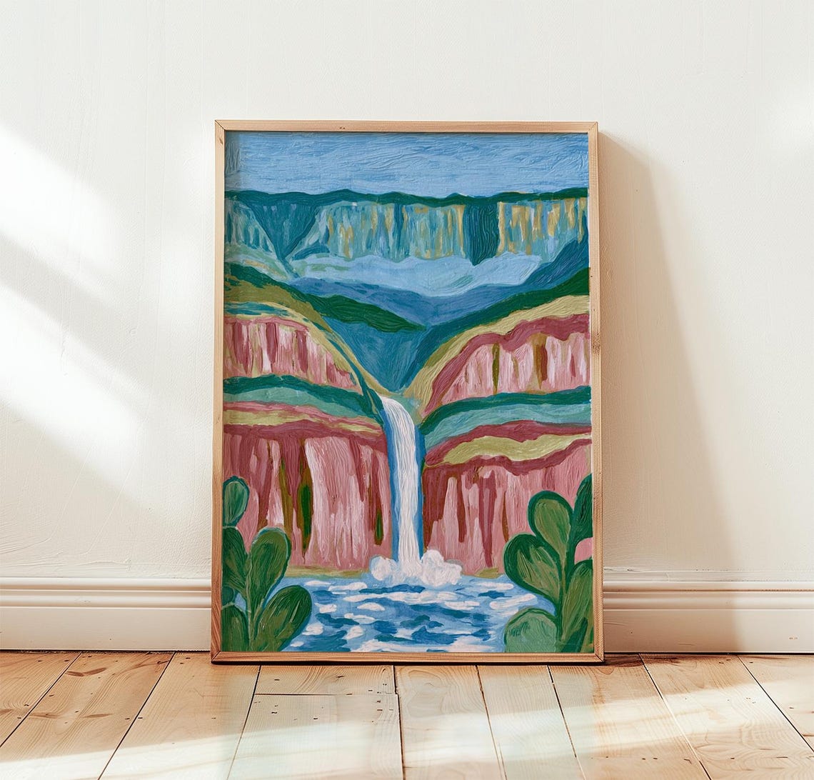 Pink Waterfall Over Rose Cliffs Blue Folk Style Landscape Poster
