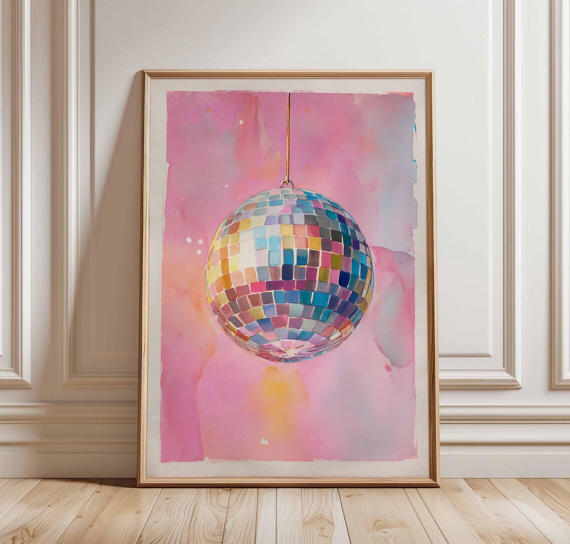 Pink Disco Ball Watercolor Retro Party Room Decor Art Poster