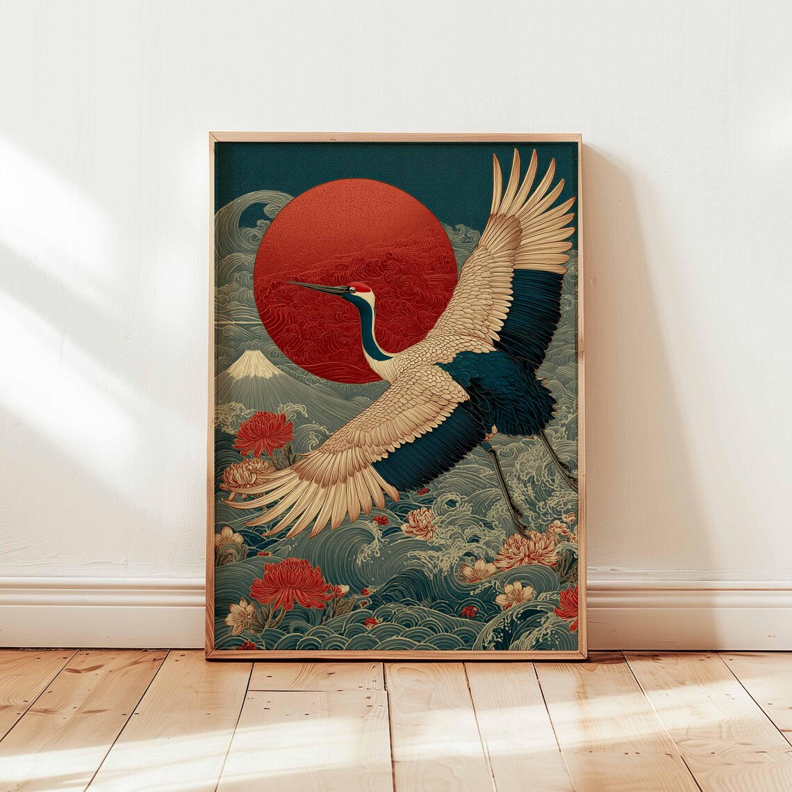 Japanese Crane Red Sun Mount Fuji Waves Woodblock Art Poster