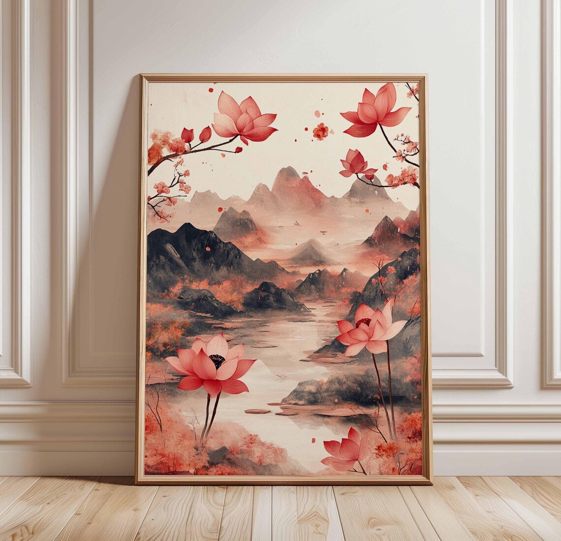 Red Lotus Flowers Chinese Landscape Watercolor Poster Mountains Lake