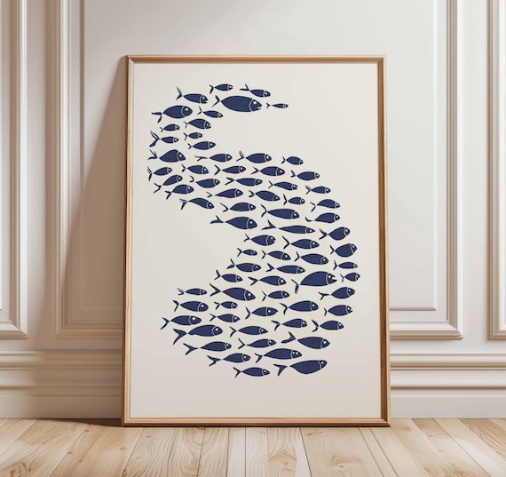 Navy Fish School Swirl Minimalist Ocean Marine Modern Art Poster