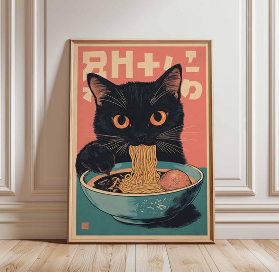 Cute Cat Noodle Print Black Ramen Poster Japanese Food Art Kawaii Asian Wall Decor Bowl Kitchen